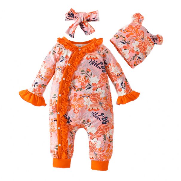 Mother & Kids Baby flower trumpet sleeve long leg romper newborn hat headscarf lace jumpsuit casual baby romper_viptrois.com