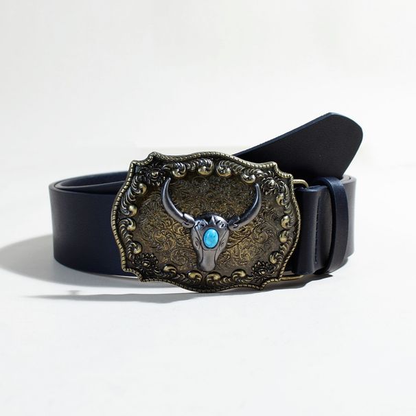 Western Cowboy Belt With Bull Head Buckle - Vintage Distressed Leather Waistband For Men, Punk Style Embossed Design With Tribal Patterns_viptrois.com