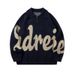 Vintage Lettering Jacquard Knit Sweater – Unisex Oversized Crewneck Pullover For Men & Women, Soft Yarn Long Sleeve Casual Fall/Winter Top_viptrois.com