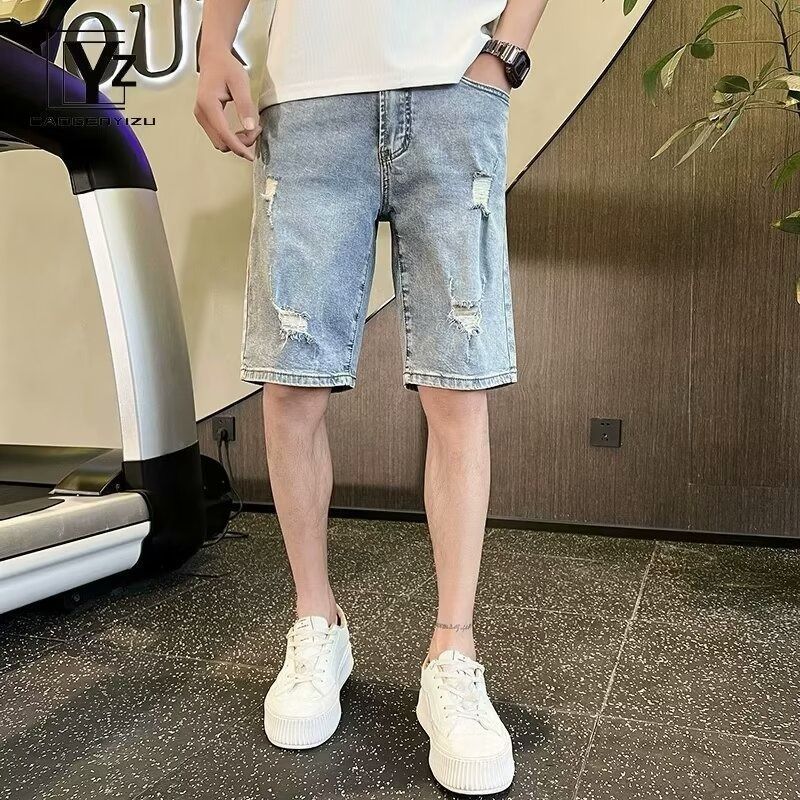Men's Ripped Denim Shorts Trendy Brand Lightweight Casual Five Point Pants mid Length Shorts Handsome Versatile Light Color Summer Style 2026_viptrois.com
