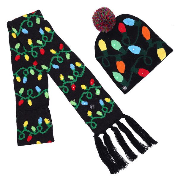 Christmas hat scarf outdoor suit Christmas hat children's colorful scarf with fur ball hat LED colored light_viptrois.com