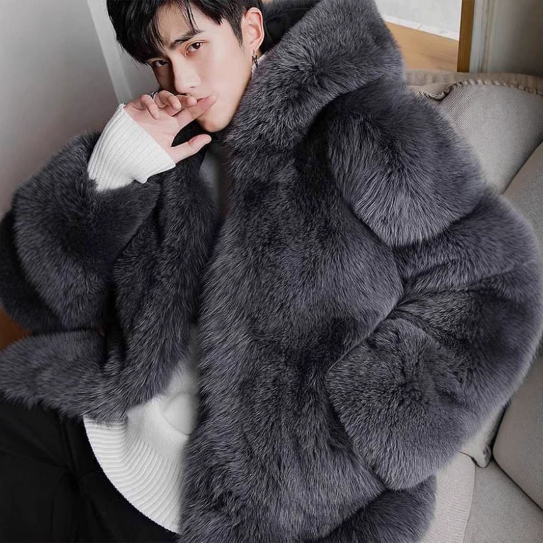 Men's Clothing 2024 Winter New Tuscan Fox Coat Men's Thickened Leather Youth Hooded Fur Coat Trend_viptrois.com