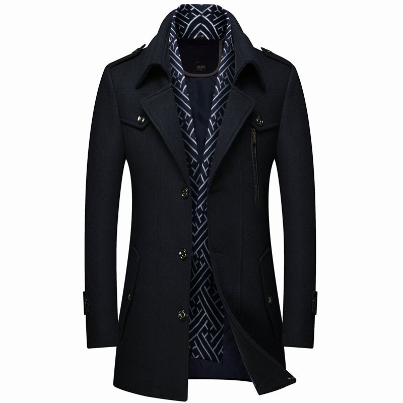 Men's Wool Wool Trench Coat Scarf Collar Mid Length Wool Coat Jacket_viptrois.com
