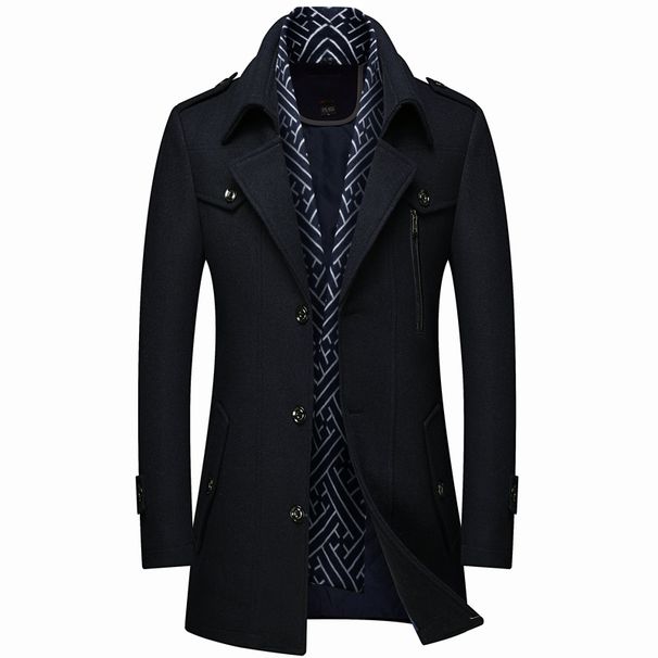 Men's Wool Wool Trench Coat Scarf Collar Mid Length Wool Coat Jacket_viptrois.com