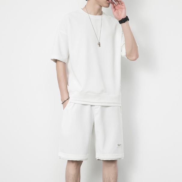 2026 Waffle Knit Loose Short-Sleeve T-Shirt Trendy Stylish Sports Two-Piece Summer Men's Outfit Set_viptrois.com