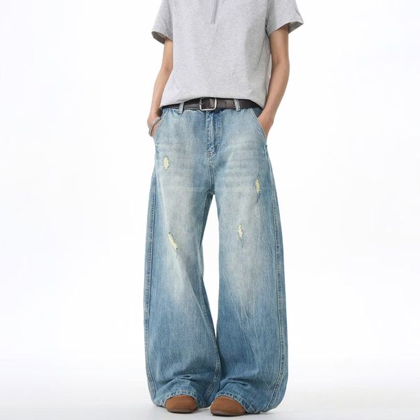 American Retro Cracked Design Jeans For Men 2026 Trendy Vintage Washed Ripped Loose Straight Pants_viptrois.com