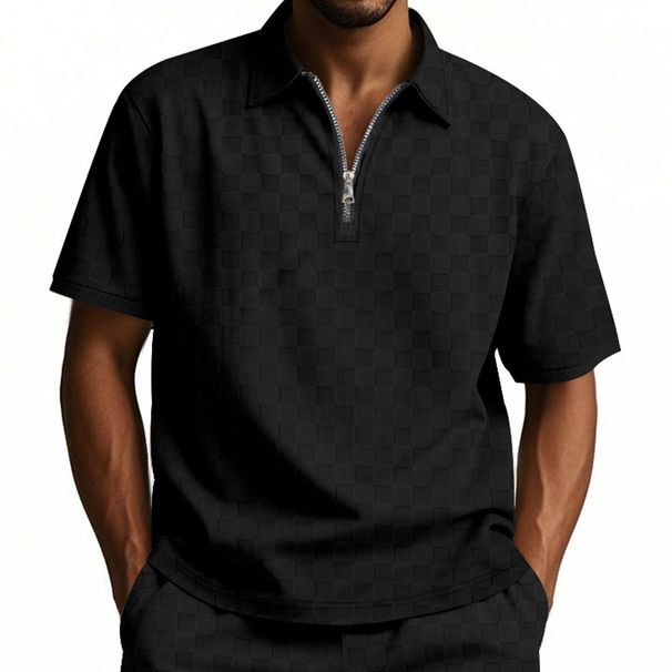 Men's New Summer Polo Shirt Short-sleeved Checkerboard Checkered Jacquard Lapel Casual Loose Half-zipper Shirt_viptrois.com