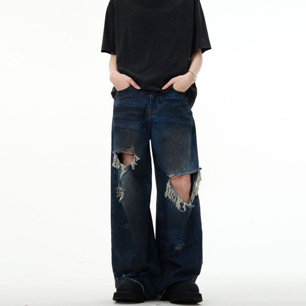 Men's Clothing Retro Distressed Beggar Hole Design Mopping Washed Jeans Niche High Street Loose Versatile Wide Leg Pants_viptrois.com