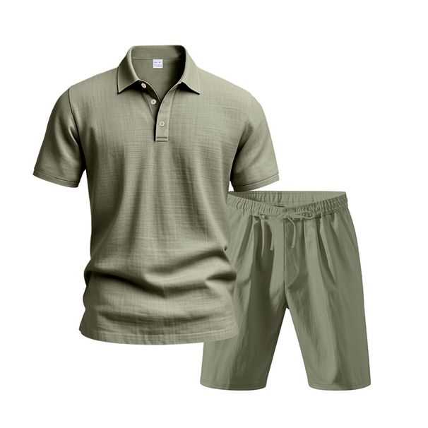 Men's Linen Suit Set Summer Casual Breathable Two Piece Polo Shirt Set Loose Fit_viptrois.com