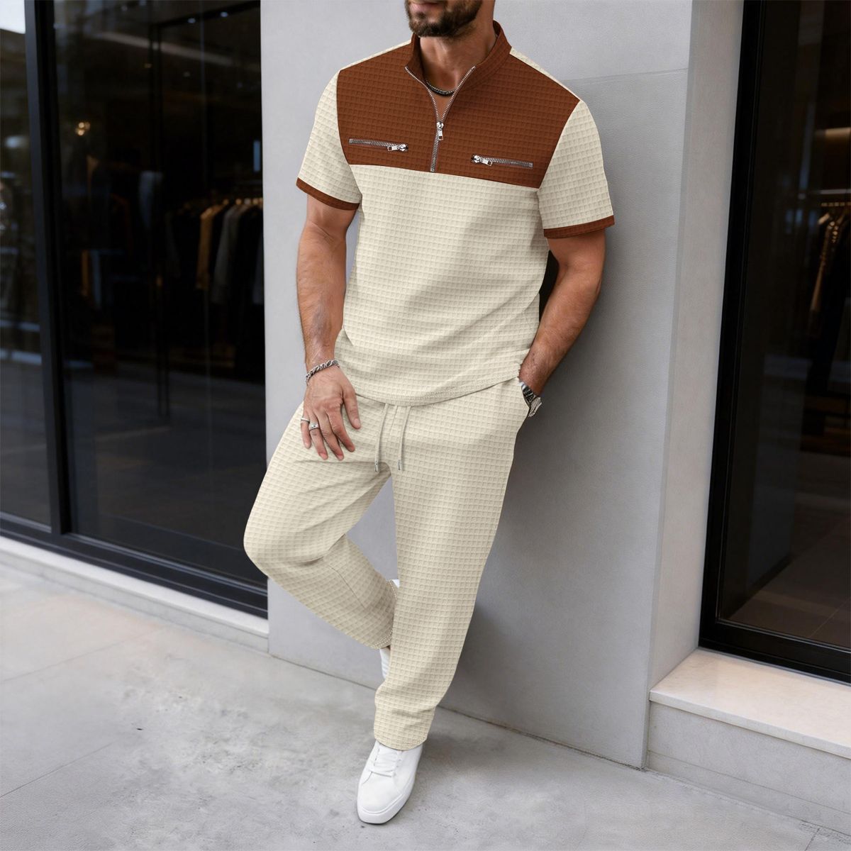 Men's Large Checkered Color Block T-Shirt And Trousers Set Casual Sportswear Half Zip Short Sleeved_viptrois.com