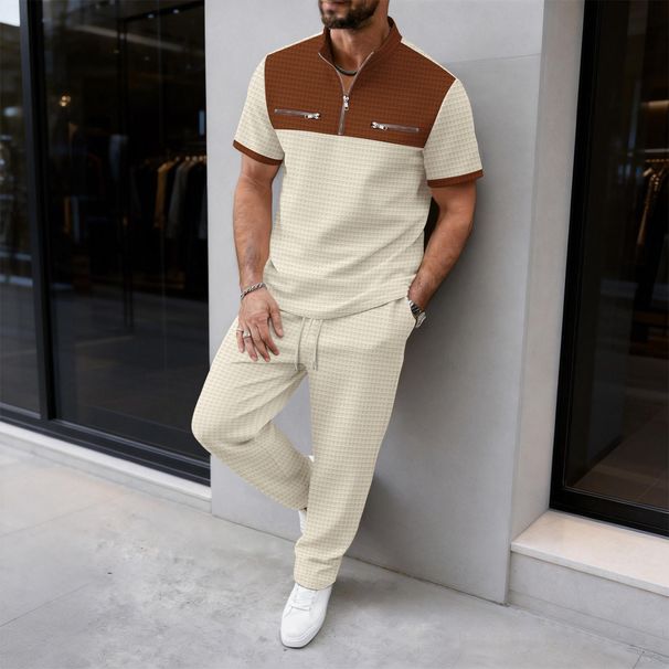 Men's Large Checkered Color Block T-Shirt And Trousers Set Casual Sportswear Half Zip Short Sleeved_viptrois.com