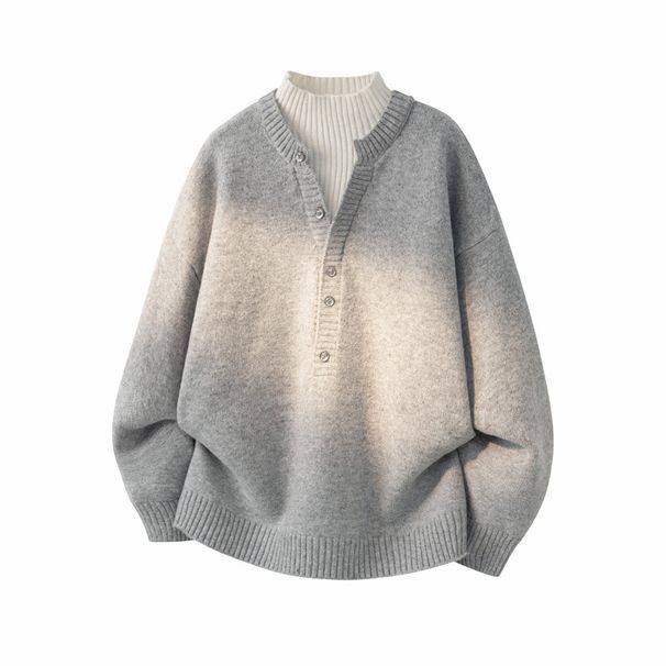 V-neck Button Knit Sweater For Men, Gray High Neck Long Sleeved Sweater, Warm Pullover, Simple Design_viptrois.com