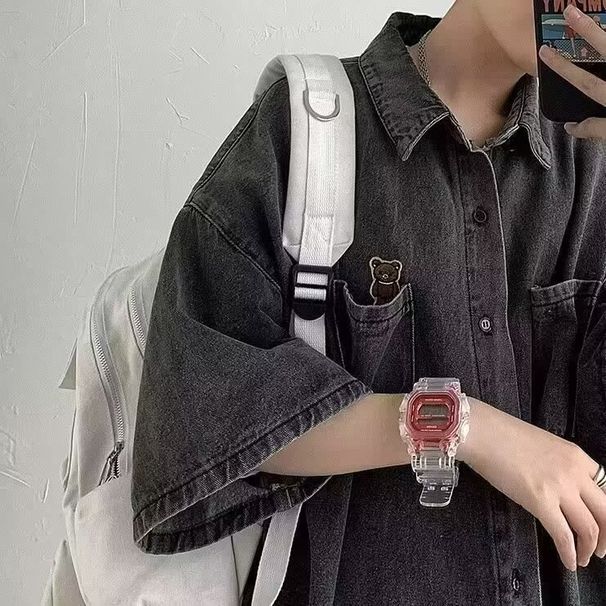 2025 Summer Men's Short-Sleeve Denim Shirt, Trendy Brand, Hong Kong Style, Japanese Niche Design, Casual Loose Fit_viptrois.com