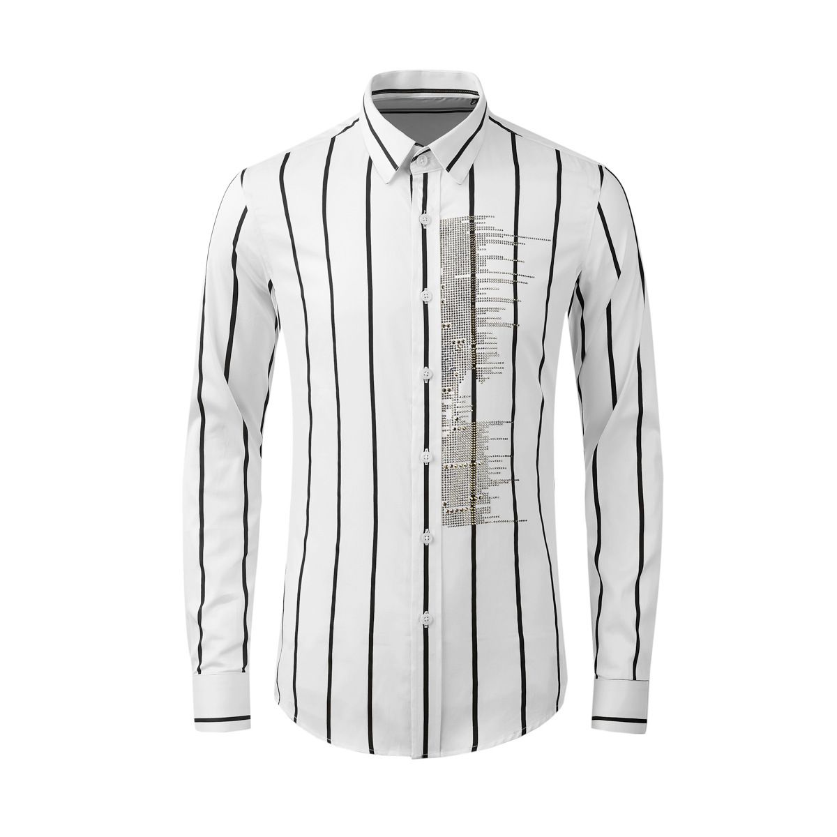 Men's Slim-Fit Long-Sleeve Shirt – Bold Stripes & Face Rhinestone Embellishment, 100% Cotton, UV Protection & Stylish_viptrois.com