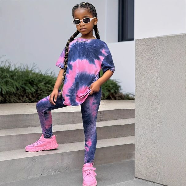 Mother & Kids INS Girls Summer Suit Tie Dye Full Print Short Sleeved 2 Piece Suit Fashion Casual Trousers Suit_viptrois.com
