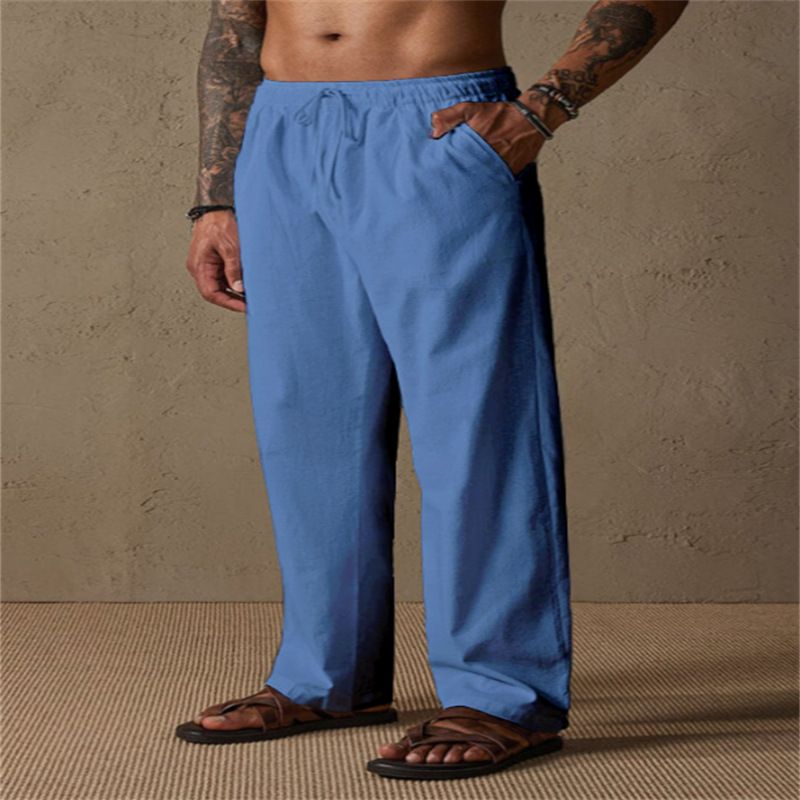 Men's Clothing Men's Linen Drawstring Solid Color Breathable Outdoor Loose Casual Straight Trousers_viptrois.com
