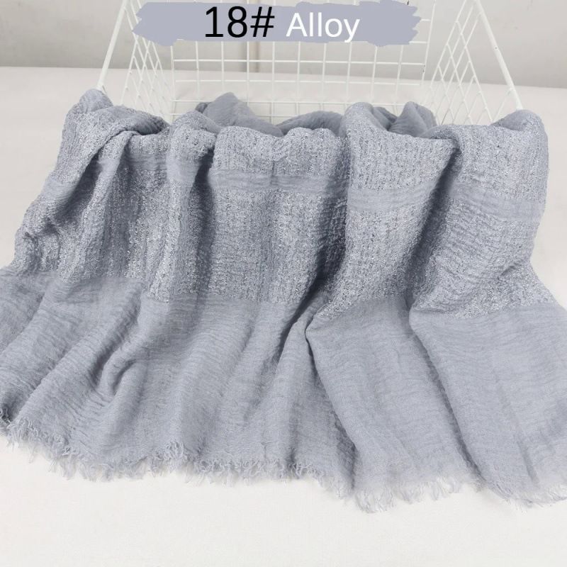 Muslim Solid Color Cotton Linen Breathable Gauze Scarf Pleated Silver Silk Headscarf Shawl Four Circle Shawl With Edge Shawl Wrapped Head Scarf_viptrois.com
