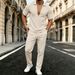 Men's Waffle Knit Casual Trendy Lapel Deep V Short Sleeved Trouser Suit New From Platform_viptrois.com
