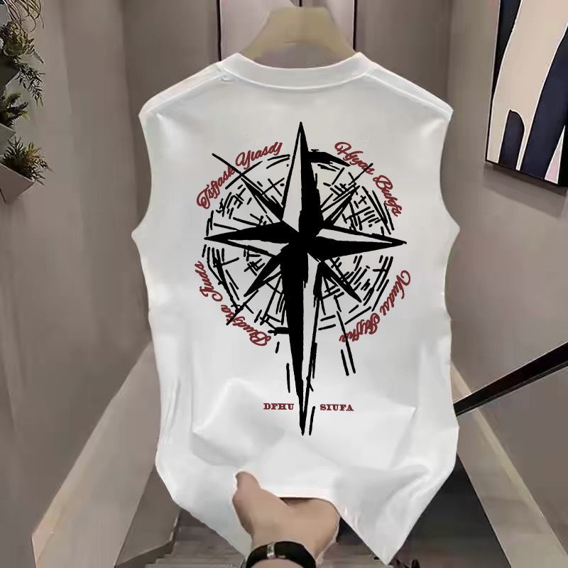 Summer Lightweight Fitness Sports Top, European And American Trendy Brand, Loose-fitting Cross-print Sleeveless_viptrois.com