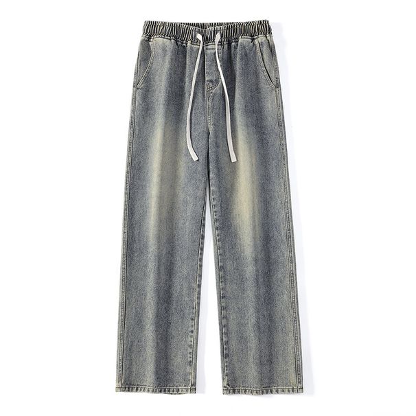Men's Drawstring Waist Straight Leg Jeans - Relaxed Fit Stretch Denim Pants With Adjustable Ties_viptrois.com