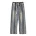 Men's Drawstring Waist Straight Leg Jeans - Relaxed Fit Stretch Denim Pants With Adjustable Ties_viptrois.com