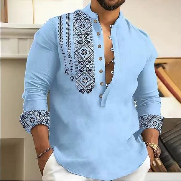 Fashion European And American Summer New Long Sleeve Stand Collar Trendy Half Cardigan Printed Casual Shirt Men's Export_viptrois.com
