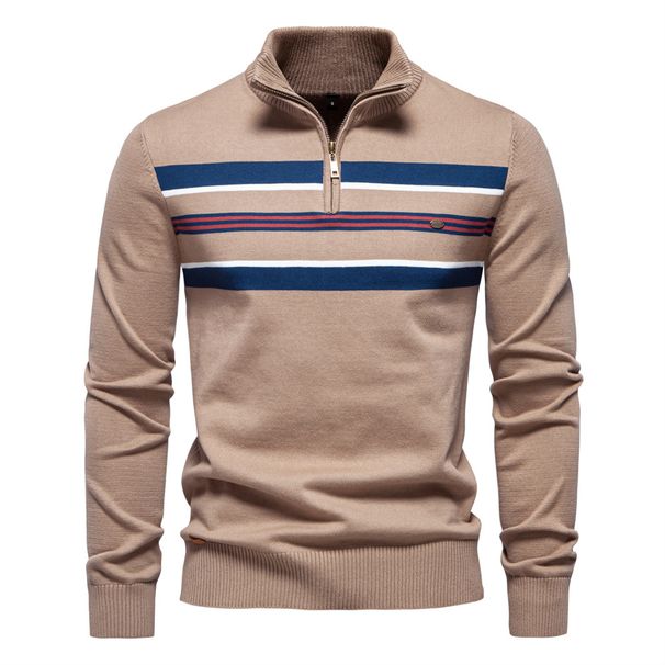 Men's Half-Zip Knit Sweater – Slim Fit Striped Pullover (95% Cotton, 5% Elastane, S-XXL, Green/Navy/Khaki/Light Grey)_viptrois.com