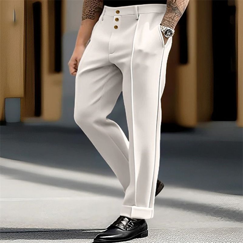 Men's Clothing Men's Formal Fashion Business Casual Solid Color Twill Button Suit Pants_viptrois.com