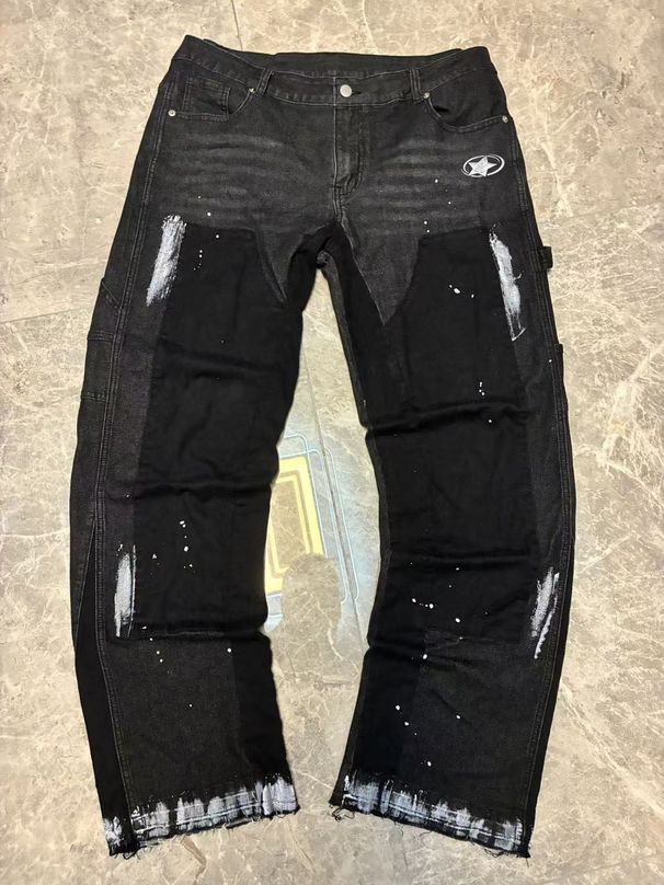Men's Clothing Men's Denim Cargo Pants, European And American Fashion, Popular On Instagram Style, Stretch Patch Denim Layered Flared Pants 03_viptrois.com