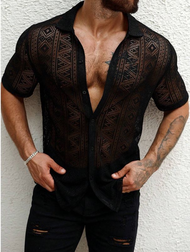 Men's Clothing Street Popular Men's Lace Shirt Short Sleeve Transparent Button Summer Leisure Holiday Hollow Perspective_viptrois.com