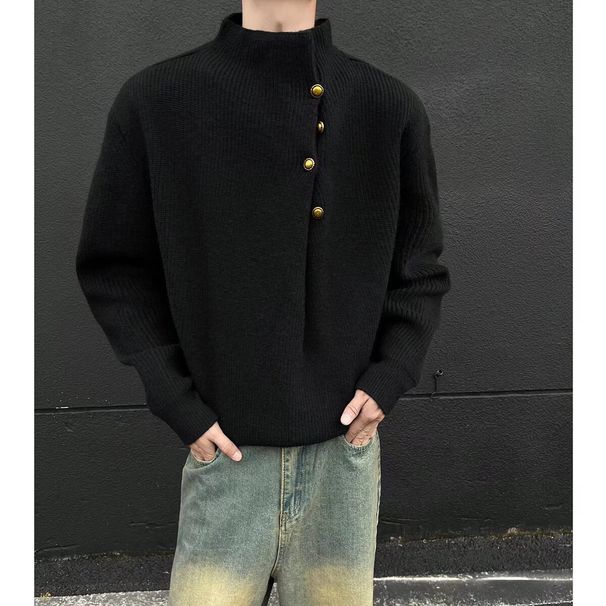 Irregular Button Design High Neck Sweater For Men, Autumn And Winter Korean Style Trendy Brand, Lazy Casual Knitted Top_viptrois.com