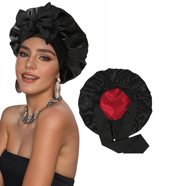 Popular Double Layer Satin Nightcap Bow Ribbon Round Hat Silk Beauty Hair Care Hat Wide Brim Hat_viptrois.com