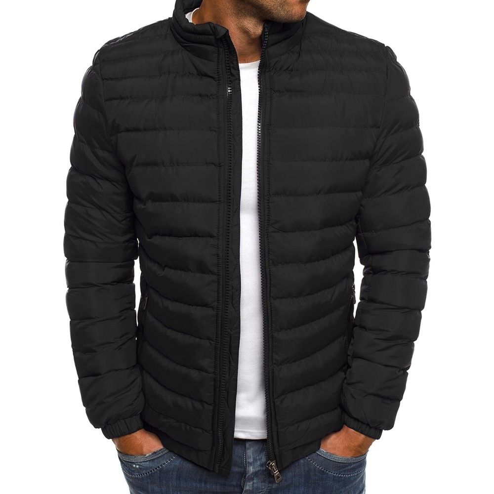 Men's Solid Color Cotton Jacket With Stand Collar, Slim Fit Winter Coat For Casual Outdoor Wear_viptrois.com