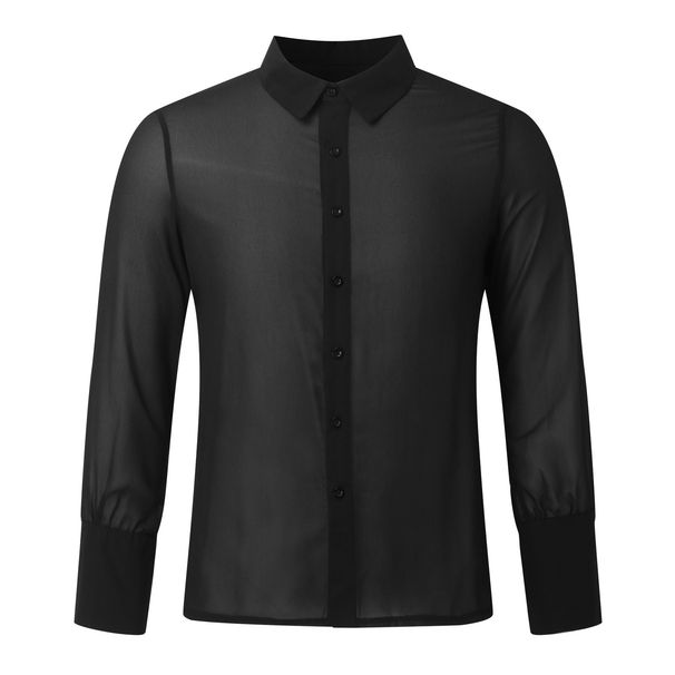 Men's Clothing Casual Lapel Density Mesh Personality Long Sleeve Sexy See Through Shirt_viptrois.com