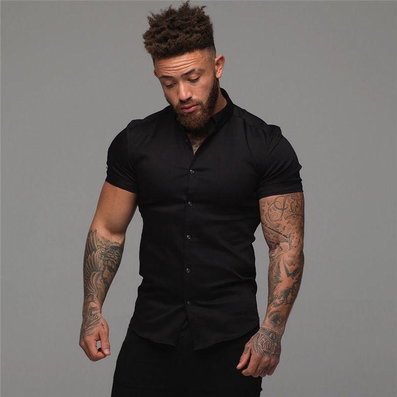 Men's Clothing Elastic Solid Color Sports Casual Cardigan Business Non Iron Shirt Trend Muscle Fitness Short Sleeved Lapel Shirt_viptrois.com