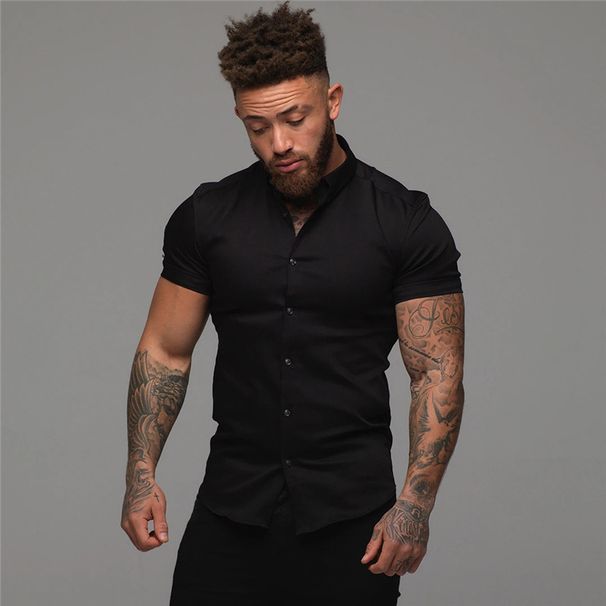 Men's Clothing Elastic Solid Color Sports Casual Cardigan Business Non Iron Shirt Trend Muscle Fitness Short Sleeved Lapel Shirt_viptrois.com
