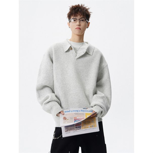 Grey Collar Sweater, Lazy Autumn And Winter Style, Polo Collar Knit Sweater, Thick Inner Layer_viptrois.com