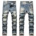 Men's Stretch Denim Jeans With Punk-Inspired Print & Destructive Details - Slim Fit Retro Blue Denim Pants With Whisker Effects_viptrois.com