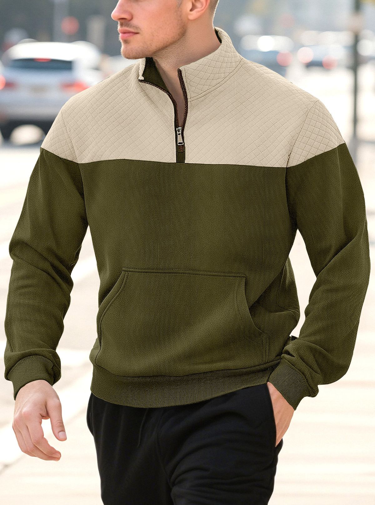 Men’s Waffle-Knit Zip-Up Hoodie – Diamond Grid Stand Collar Pullover For Urban Explorers (S-XXXL, 60% Polyester, Slim Fit, Retro Style)_viptrois.com