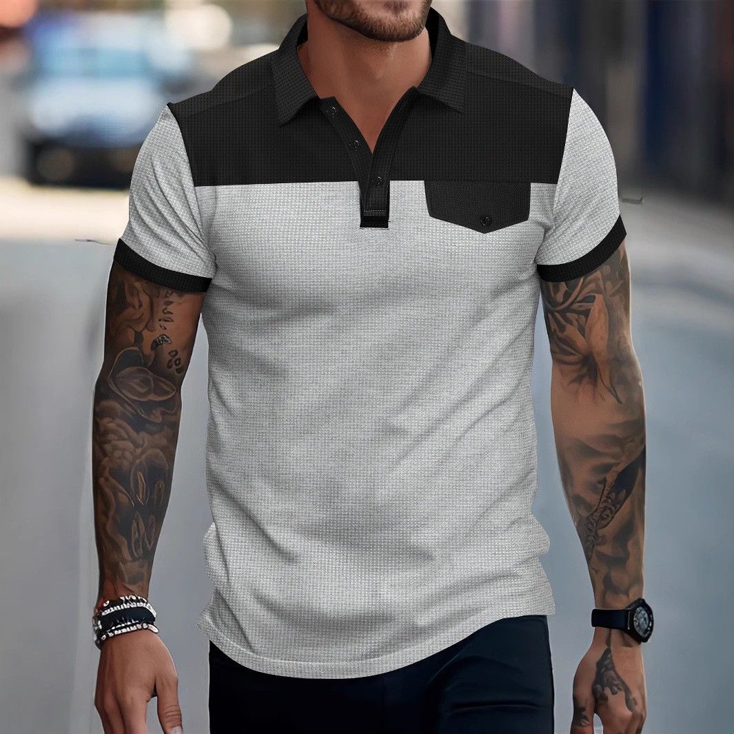 Men's Clothing Short Sleeved Splicing Waffle Pocket Polo Shirt Lapel Casual Men's Wear_viptrois.com
