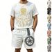 Men's Bamboo Linen Suit Viking Style Print Casual Crew Neck Short Sleeved Shirt And Shorts Summer Fashion_viptrois.com