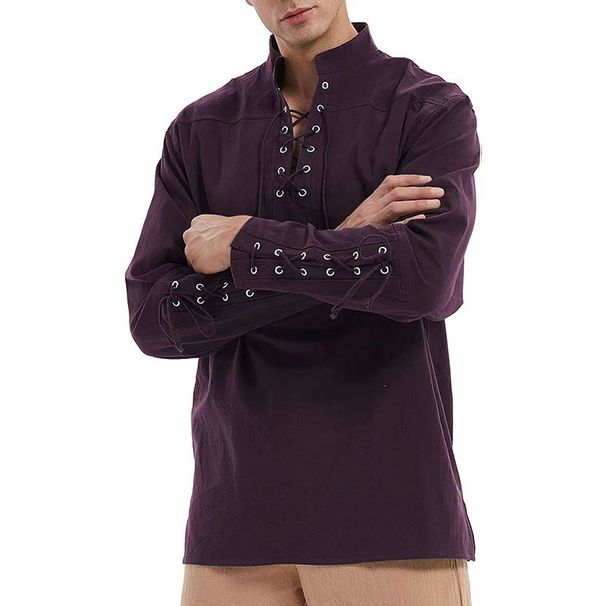 Steampunk Gothic Victorian Pirate Polo Shirt For Men, Retro Renaissance Style Long Sleeve Linen Blend Top For Halloween Cosplay & Themed Events_viptrois.com