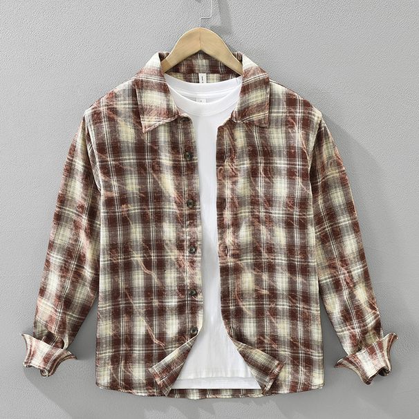 Retro Plaid Long Sleeved Shirt For Men, Fashionable And Versatile, Artistic And Casual Loose Top_viptrois.com
