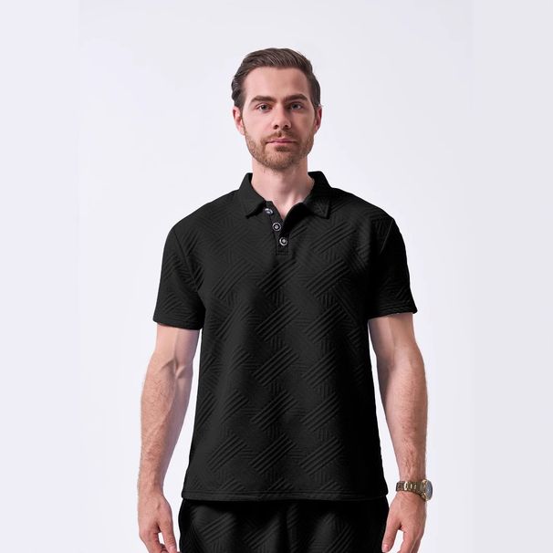 2025d 25 Men's Summer New Jacquard Solid Color Turn-Down Collar Button Outdoor Casual Short Sleeve Polo Shirt_viptrois.com