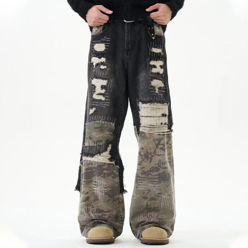 Men's Clothing high street retro stitching camouflage jeans heavy wear and tear old design trendy brand loose casual trousers_viptrois.com