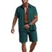 Men's Summer Casual Short-Sleeved Shirt Outdoor Beach Waffle Contrast Color American Style Short-Sleeved Suit Set_viptrois.com