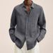 Long Sleeve V-Neck Loose Button Cotton And Linen Shirt For Men_viptrois.com