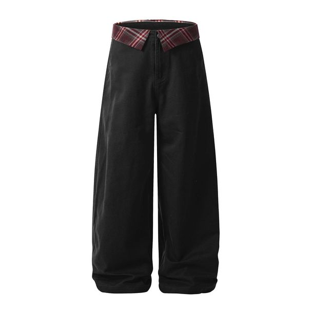Loose Wide-Leg Denim A-Line Patchwork Waist Plaid Design Casual Pants Men INS High Street Fashion_viptrois.com