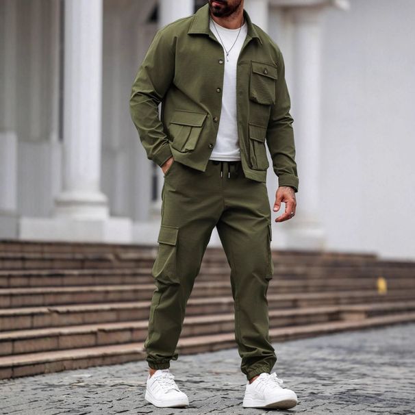 Men's Heavyweight Workwear Jacket & Multi-Pocket Trousers Set – Durable Retro Style (Army Green/Black/Khaki/Dark Blue/Grey, S-XXXL)_viptrois.com