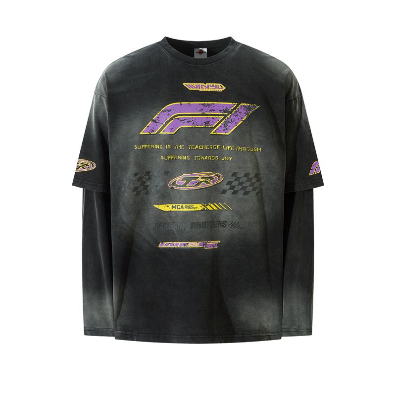 Men's Clothing Racing Style Retro Washed Old Long Sleeved T Shirt Trendy Hip Hop Cracked Letter Print Two Piece Top_viptrois.com